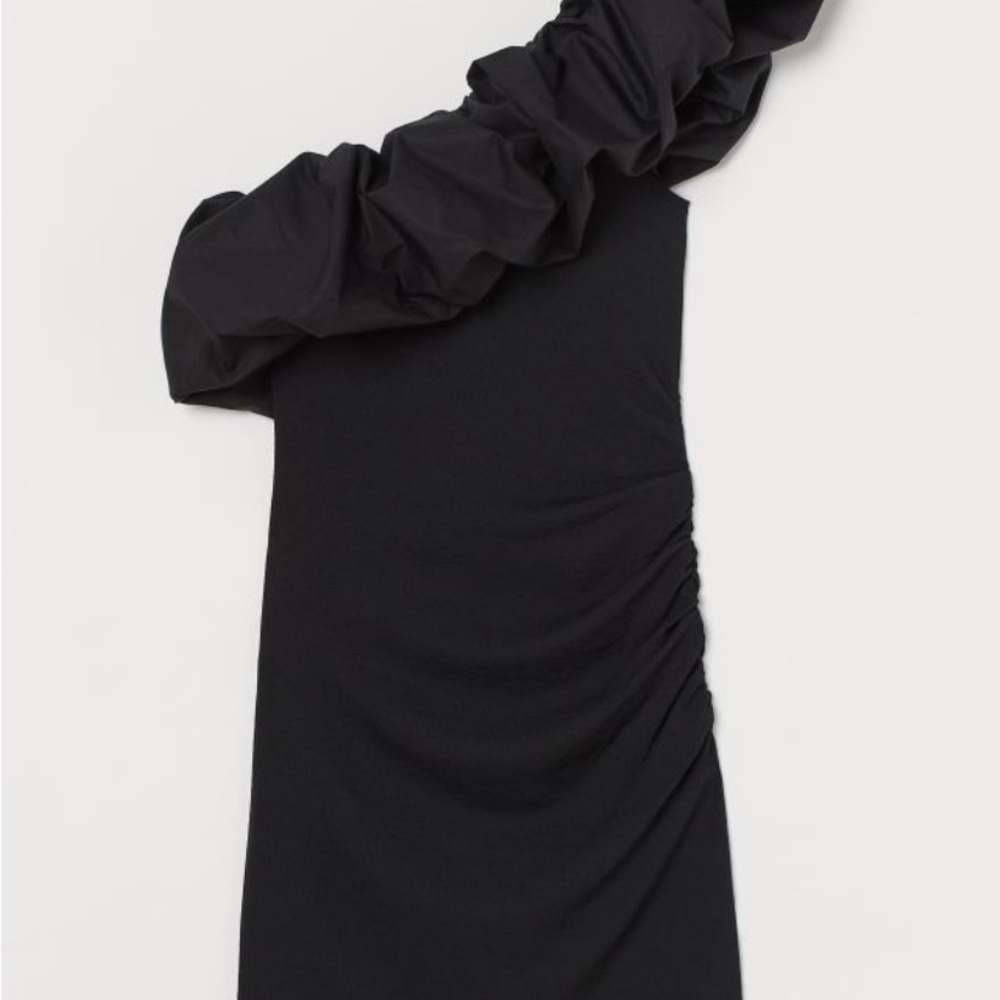 H&M black puffy shoulder one arm fitted bottom dress size exlg worn x1